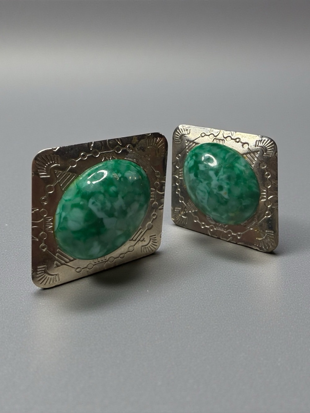 Vintage Southwestern Faux Jade Statement Clip Earrings Silver Tone Geometric